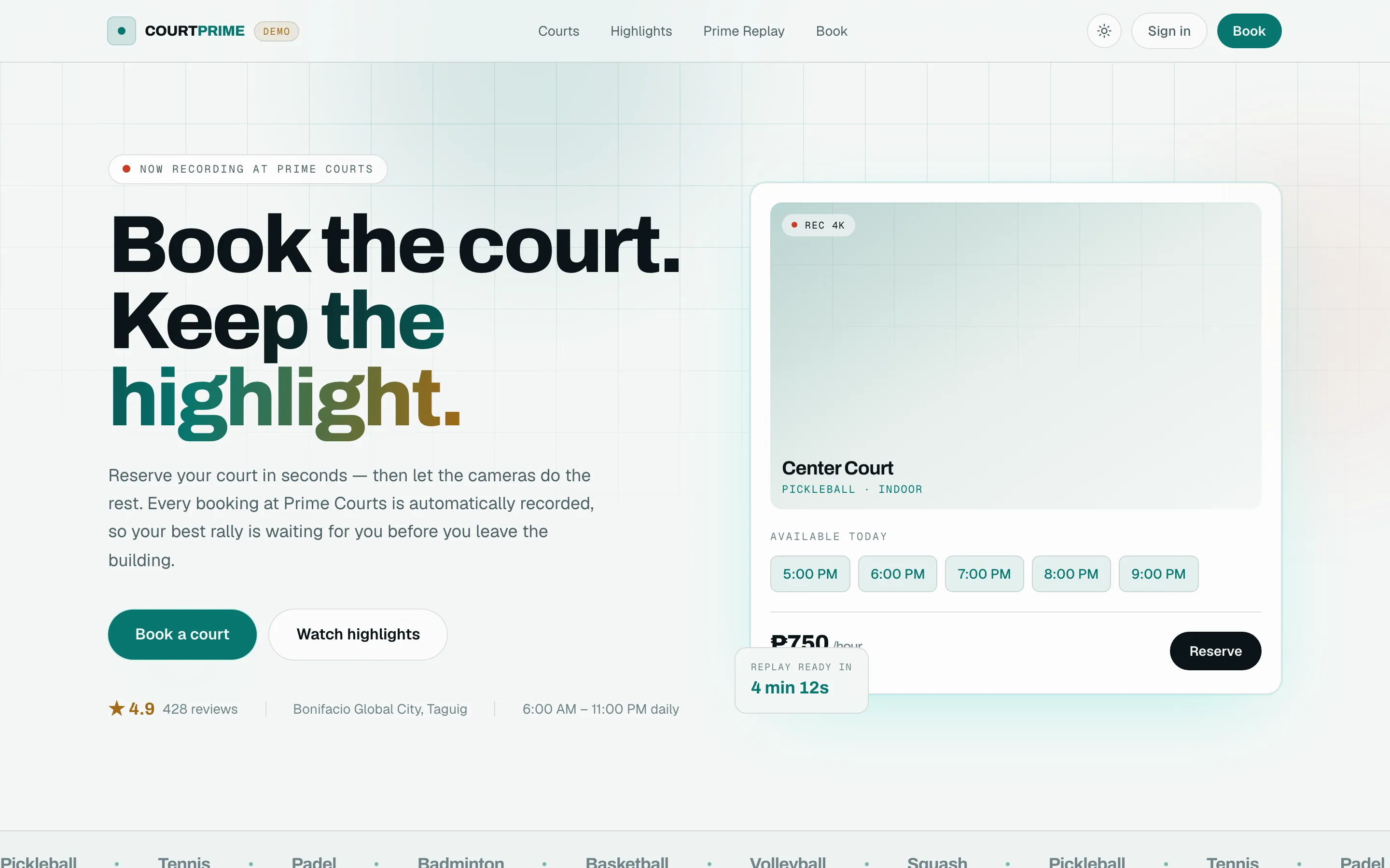 Public booking page with live court availability